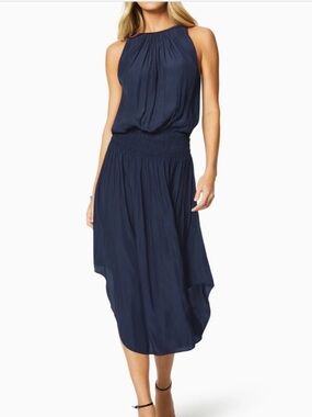 RAMI BROOK Audrey Smocked Midi Dress – Navy Old Money Minimalist Glam Medium